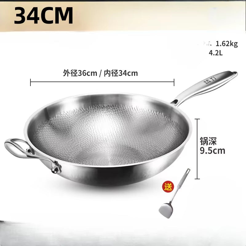 KENGQIANG Pure Titanium Flat Bottomed Wok Non Coated Household Scale Hammer Titanium Frying Pan Cookware Cooking Pot Non Stick