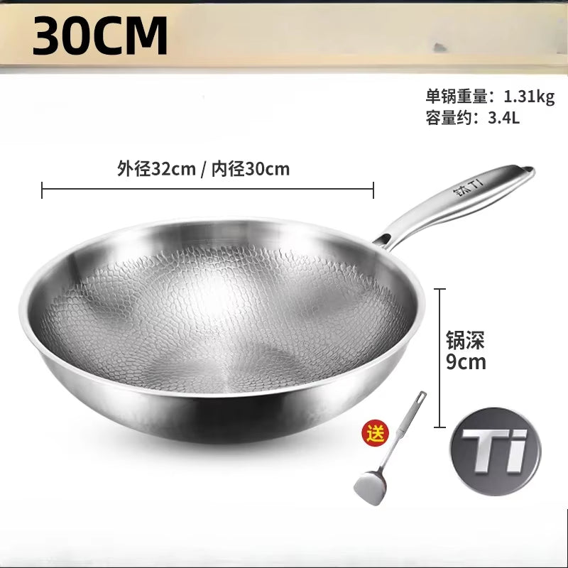 KENGQIANG Pure Titanium Flat Bottomed Wok Non Coated Household Scale Hammer Titanium Frying Pan Cookware Cooking Pot Non Stick