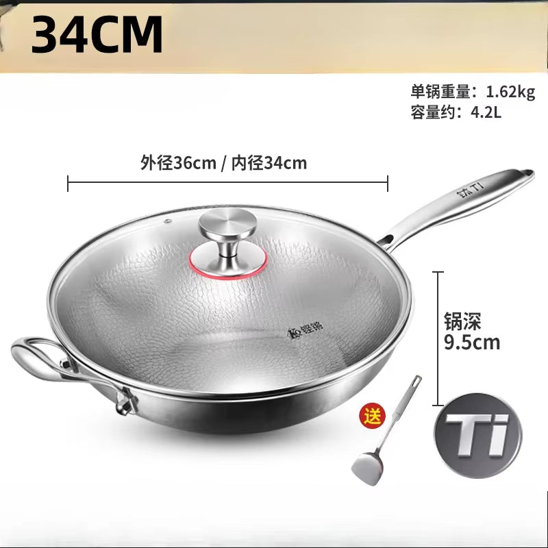 KENGQIANG Pure Titanium Flat Bottomed Wok Non Coated Household Scale Hammer Titanium Frying Pan Cookware Cooking Pot Non Stick