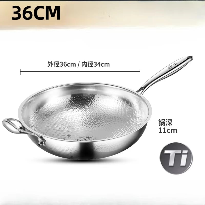 KENGQIANG Pure Titanium Flat Bottomed Wok Non Coated Household Scale Hammer Titanium Frying Pan Cookware Cooking Pot Non Stick