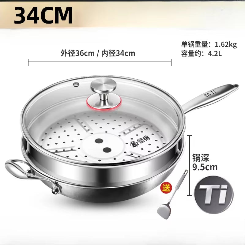 KENGQIANG Pure Titanium Flat Bottomed Wok Non Coated Household Scale Hammer Titanium Frying Pan Cookware Cooking Pot Non Stick