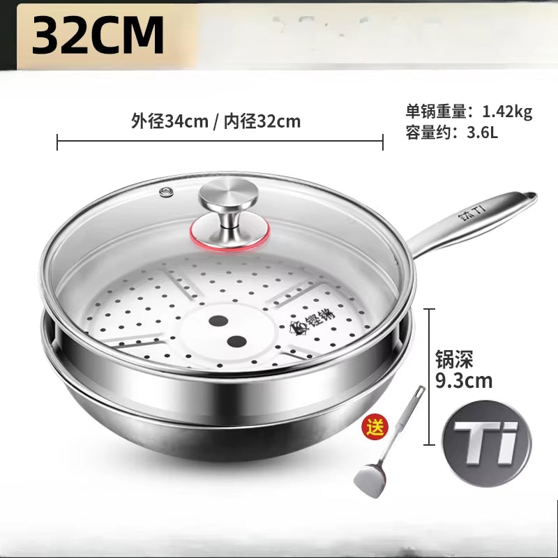 KENGQIANG Pure Titanium Flat Bottomed Wok Non Coated Household Scale Hammer Titanium Frying Pan Cookware Cooking Pot Non Stick