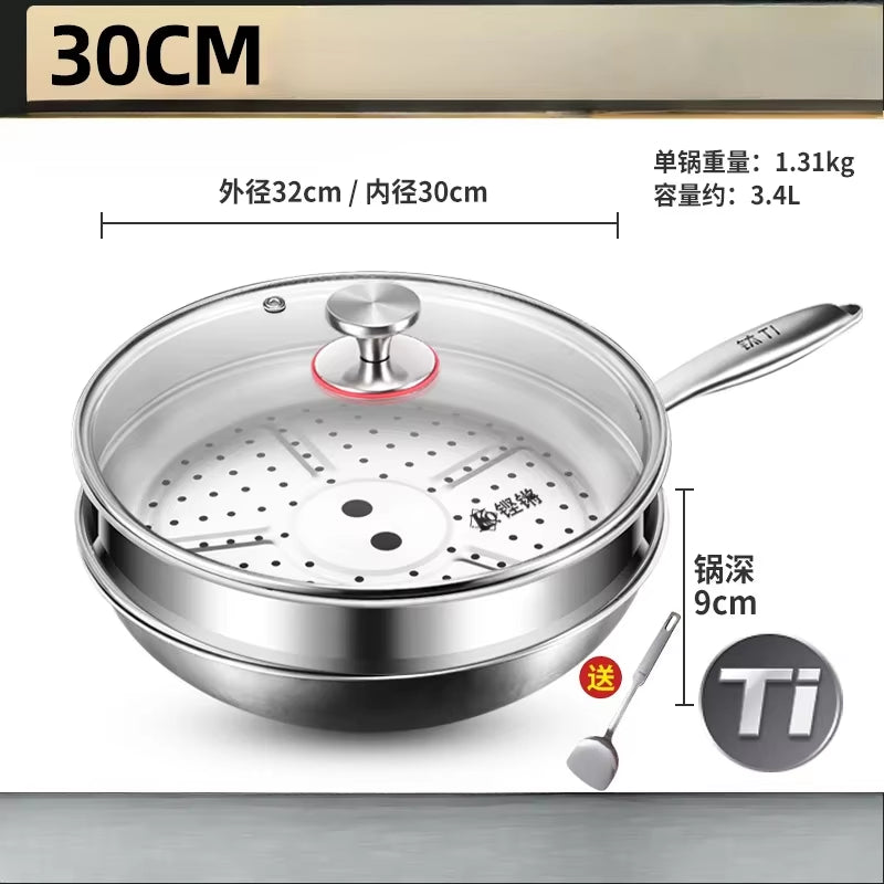 KENGQIANG Pure Titanium Flat Bottomed Wok Non Coated Household Scale Hammer Titanium Frying Pan Cookware Cooking Pot Non Stick