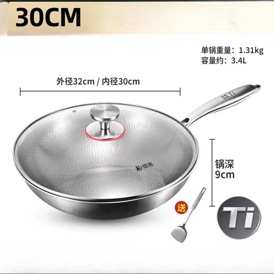 KENGQIANG Pure Titanium Flat Bottomed Wok Non Coated Household Scale Hammer Titanium Frying Pan Cookware Cooking Pot Non Stick